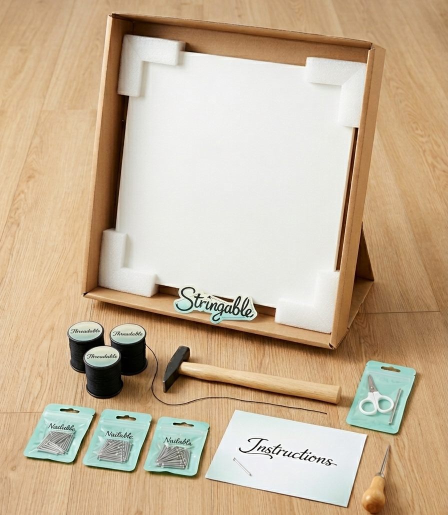 The Stringable kit: the box set up as a stand holding the board, with thread, nails, hammer, scissors and instructions laid out beside it